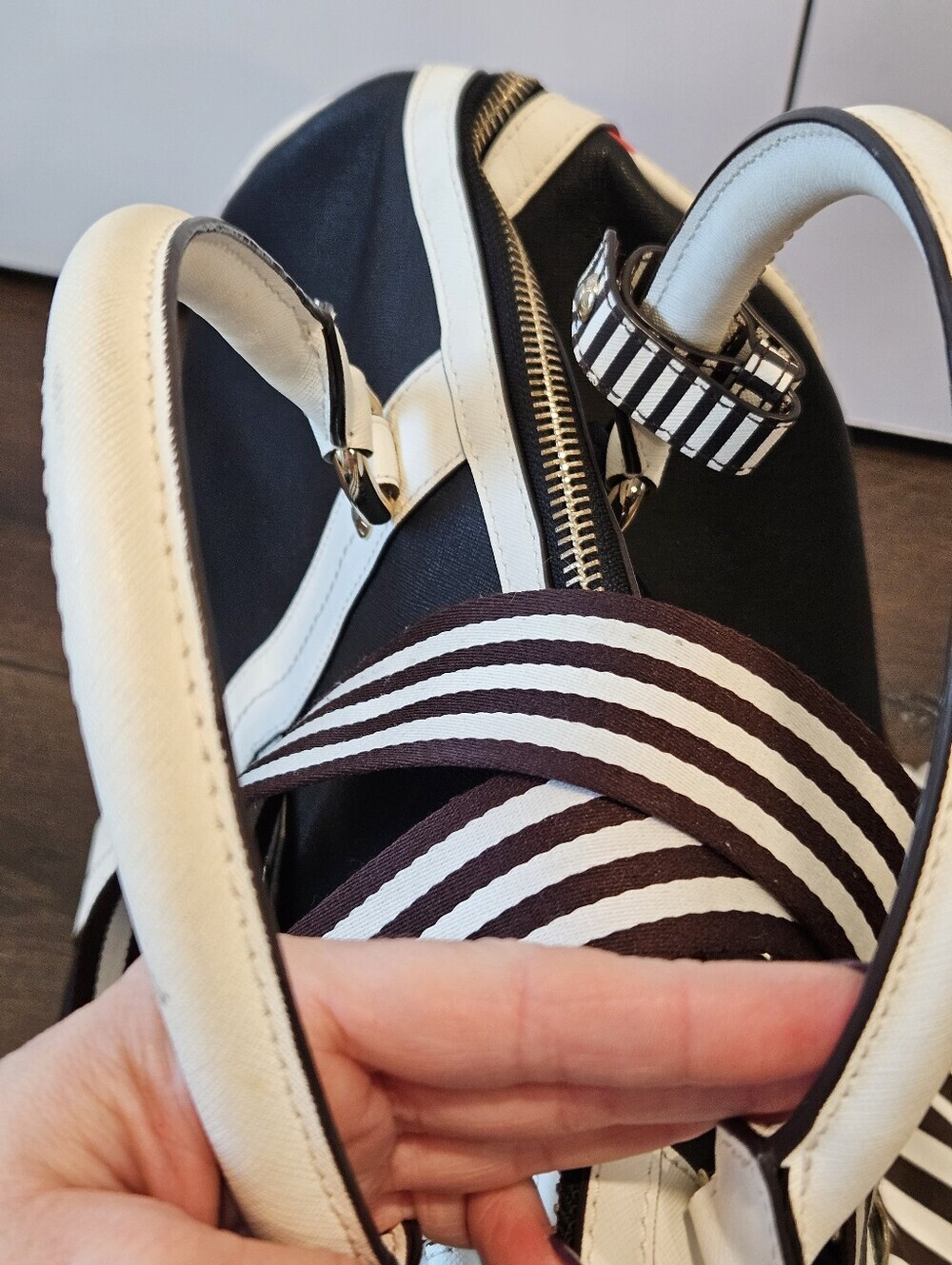 Henri Bendel Convertible Weekender Satchel Colorblock, Striped Strap, Lock & Key - Picture 15 of 15
